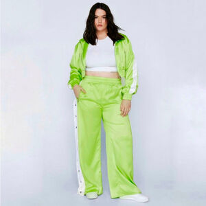 Nasty Gal Plus Satin Zip Through Popper Detail Jacket pants set neon green sz 18